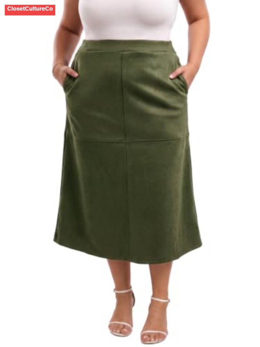 Faux Suede A-Line High Waist Midi Skirt with Pockets